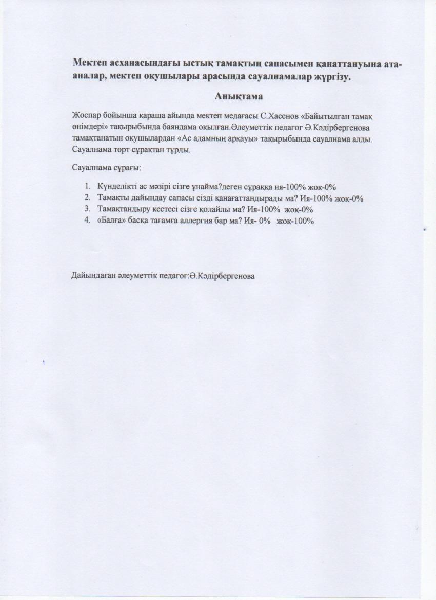 Ыстық тамақ  сапасы   сауалнама қорытындысы туралы анықтама. 2022 ж