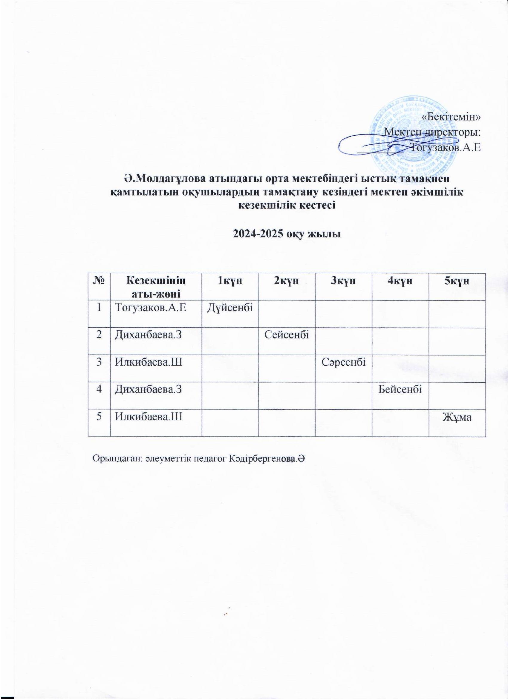 Мектеп әкімшілігінің кезекшілік кестесі