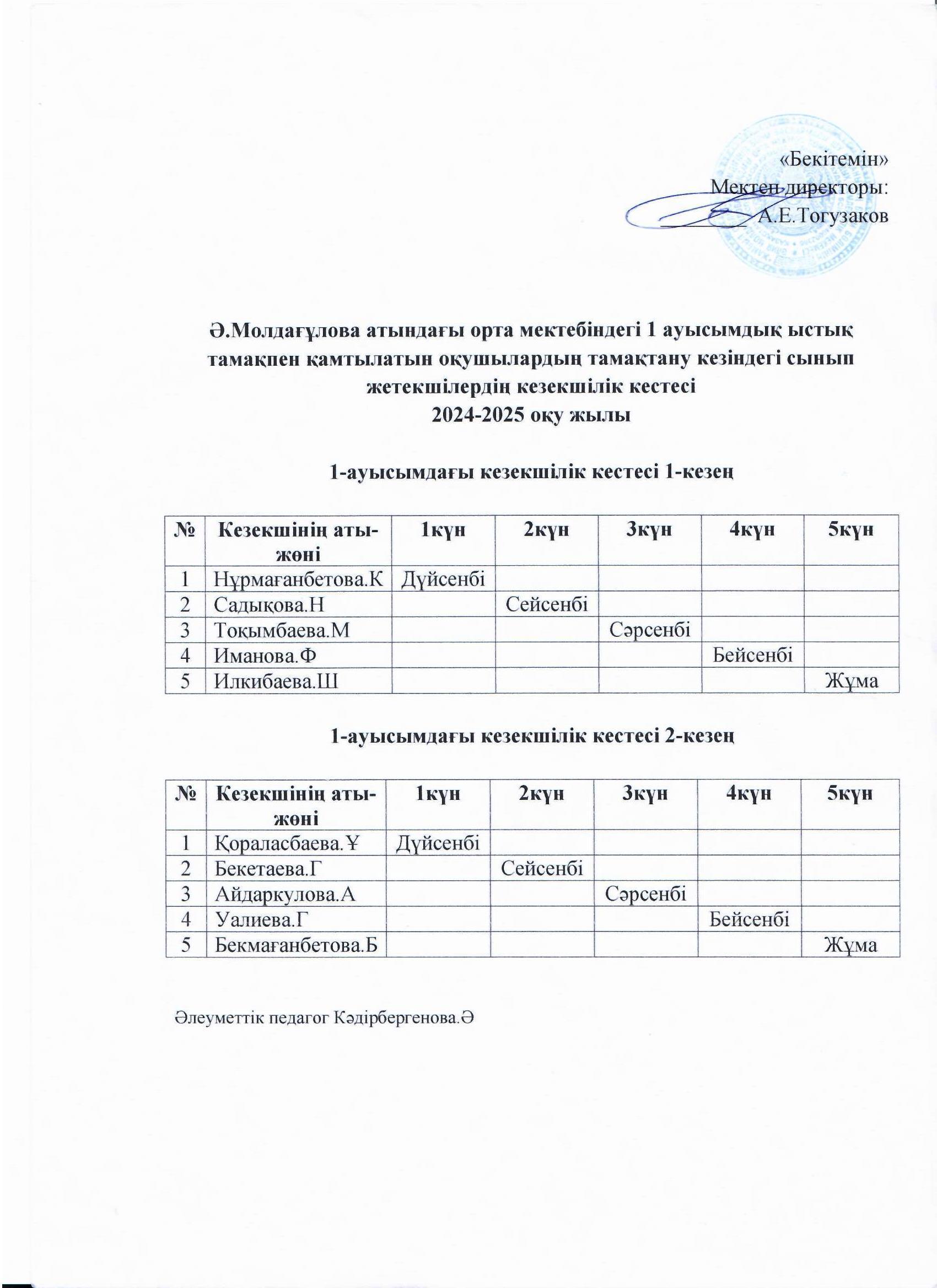 Сынып жетекшілер кезекшілік кестесі